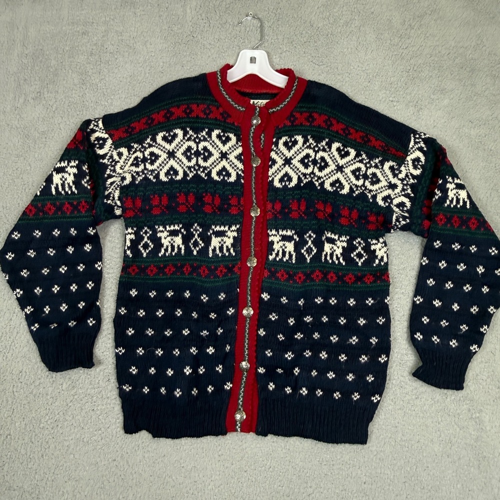 Vintage REI Nordic Fair Isle Reindeer Cardigan Sweater Navy Red Women L
